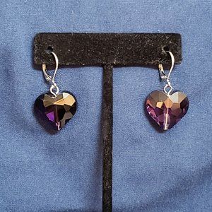 Multifaceted Purple Heart Shaped Crystal Earrings